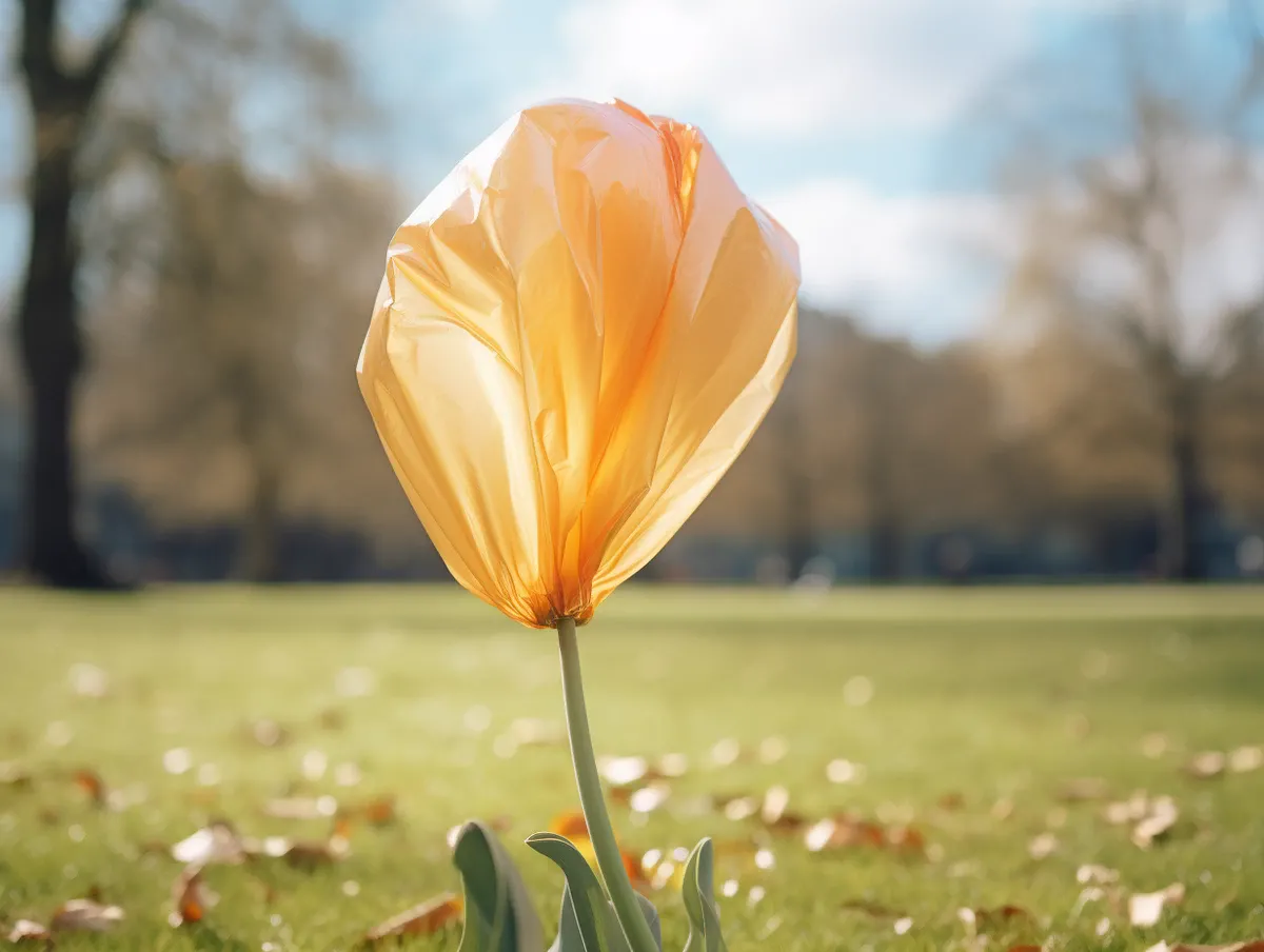 A deflated balloon resembling a tulip, sunny weather in the park