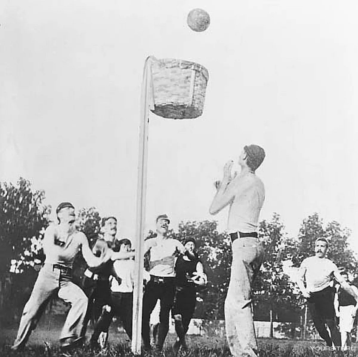 Early basketball with no backboard