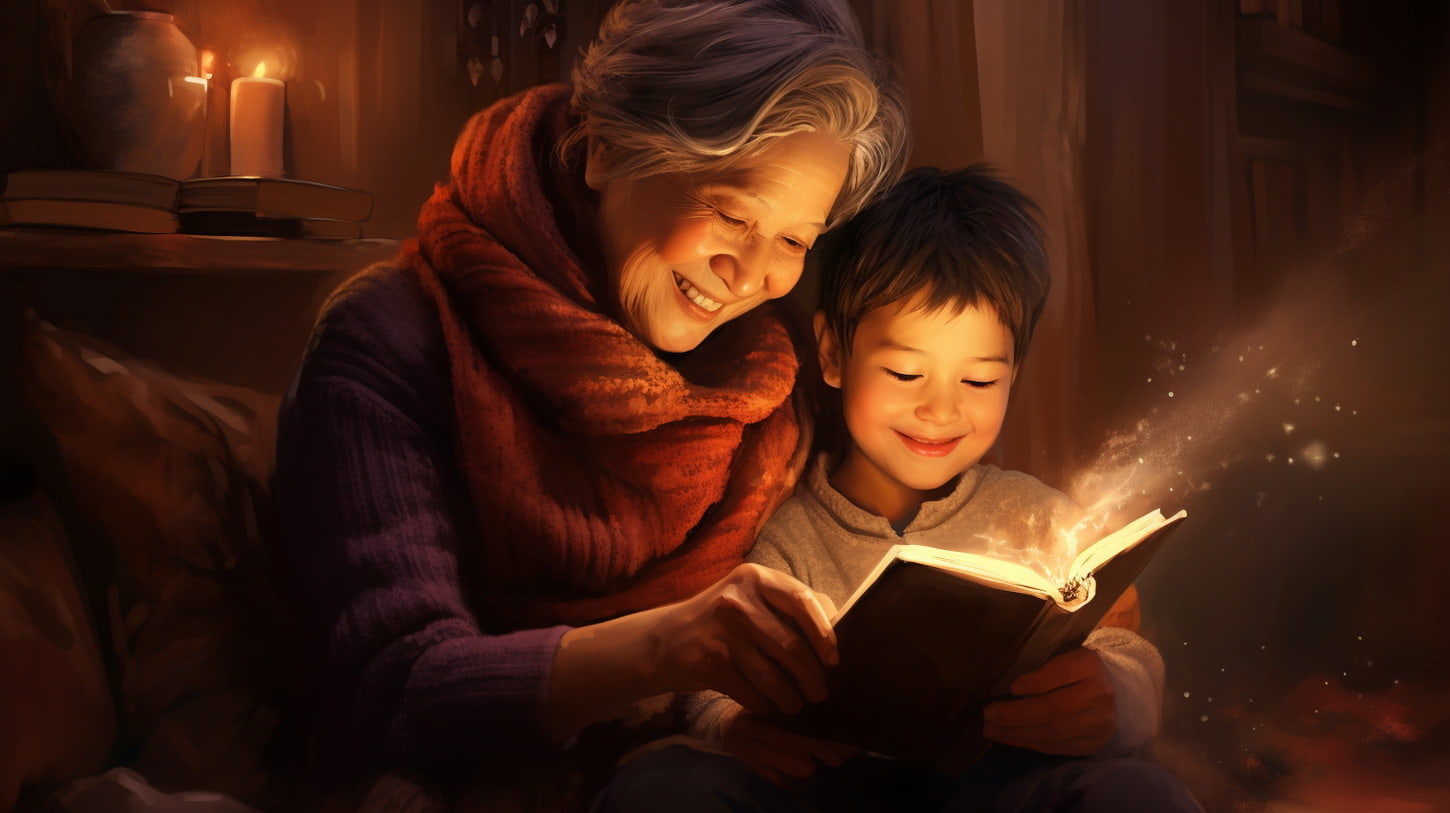 Grandmother and grandson are reading