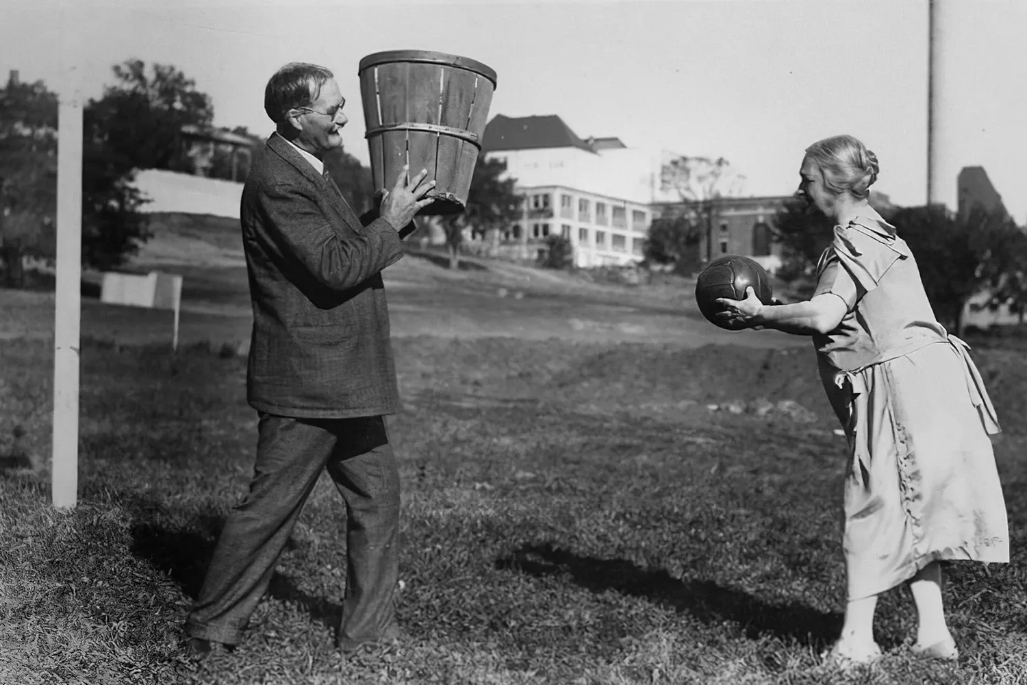 Vintage basketball game with peach basket