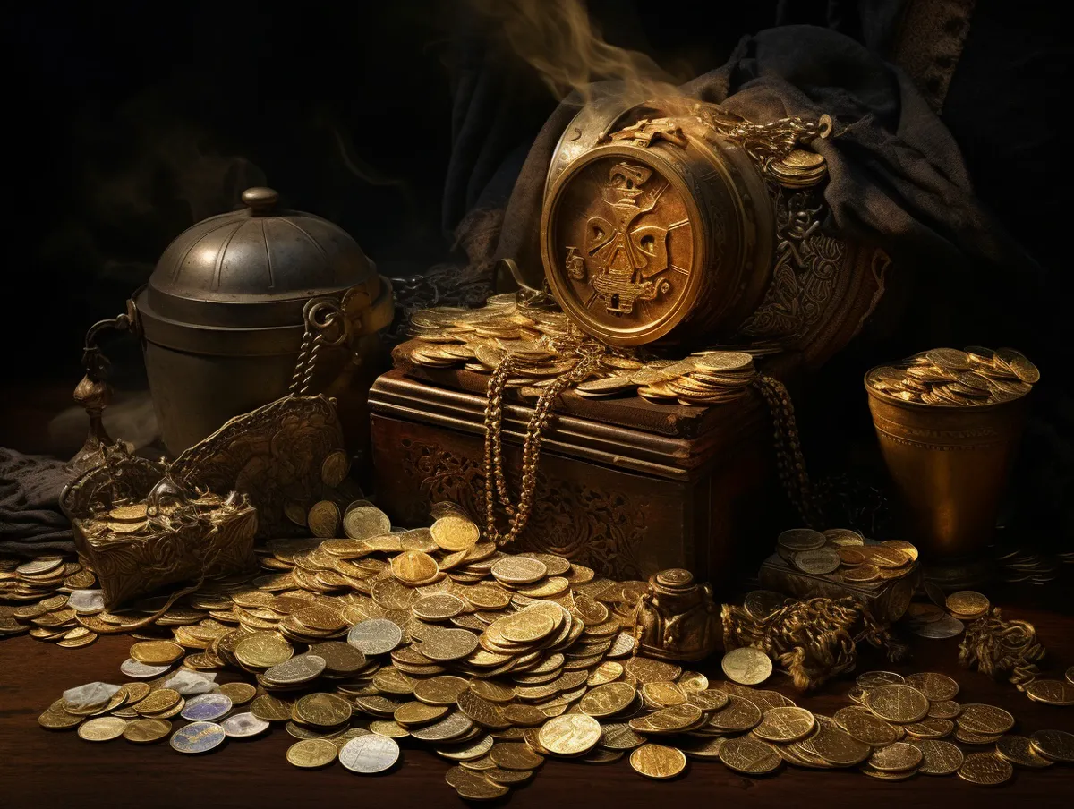 Chests of coins, jewelry, and other treasures