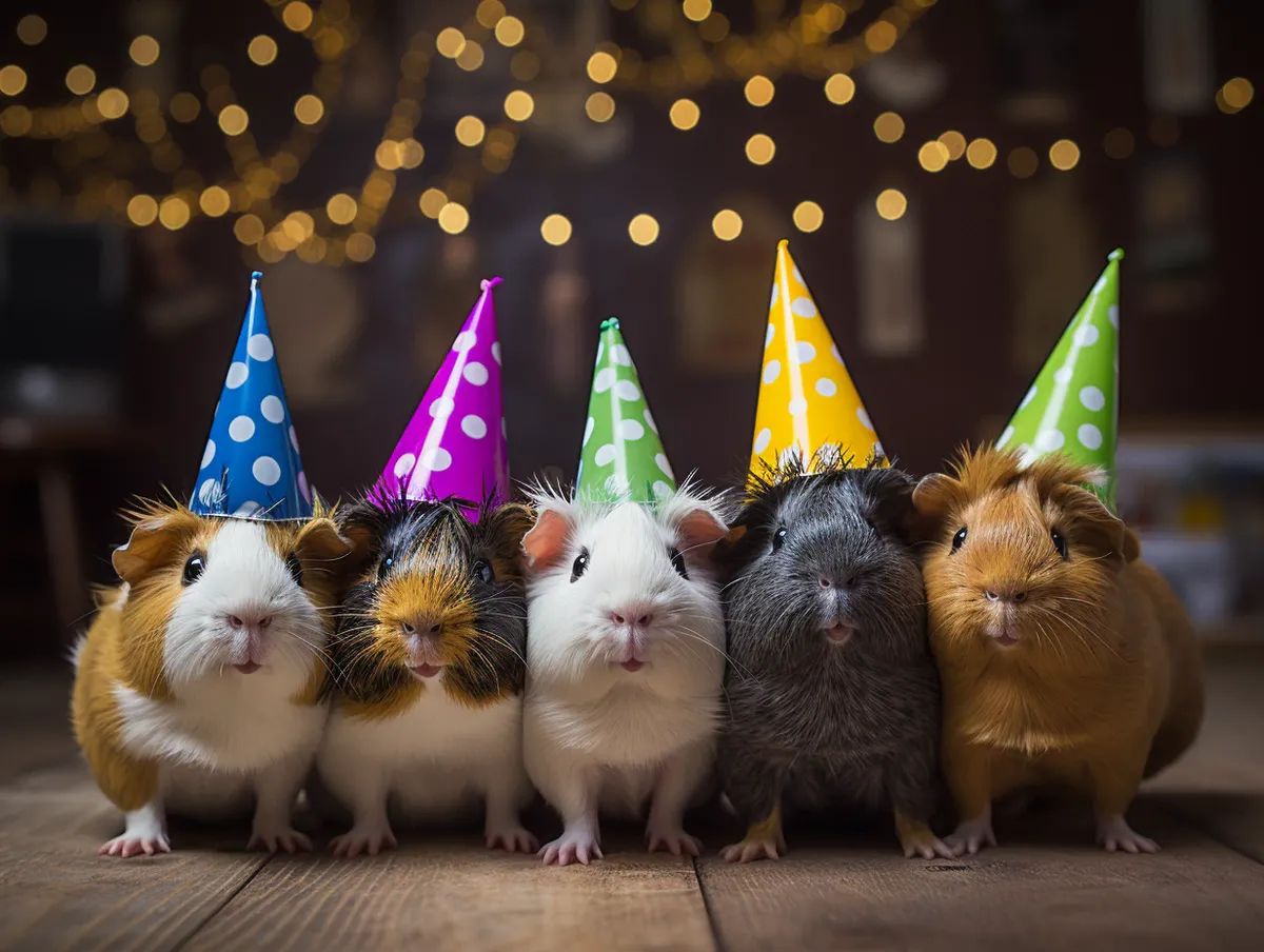 Group of guinea pigs in tiny party hats