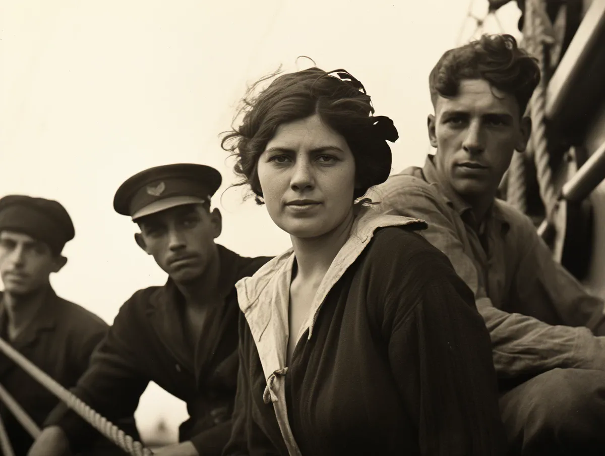 Sailors looking wary of a woman onboard their ship