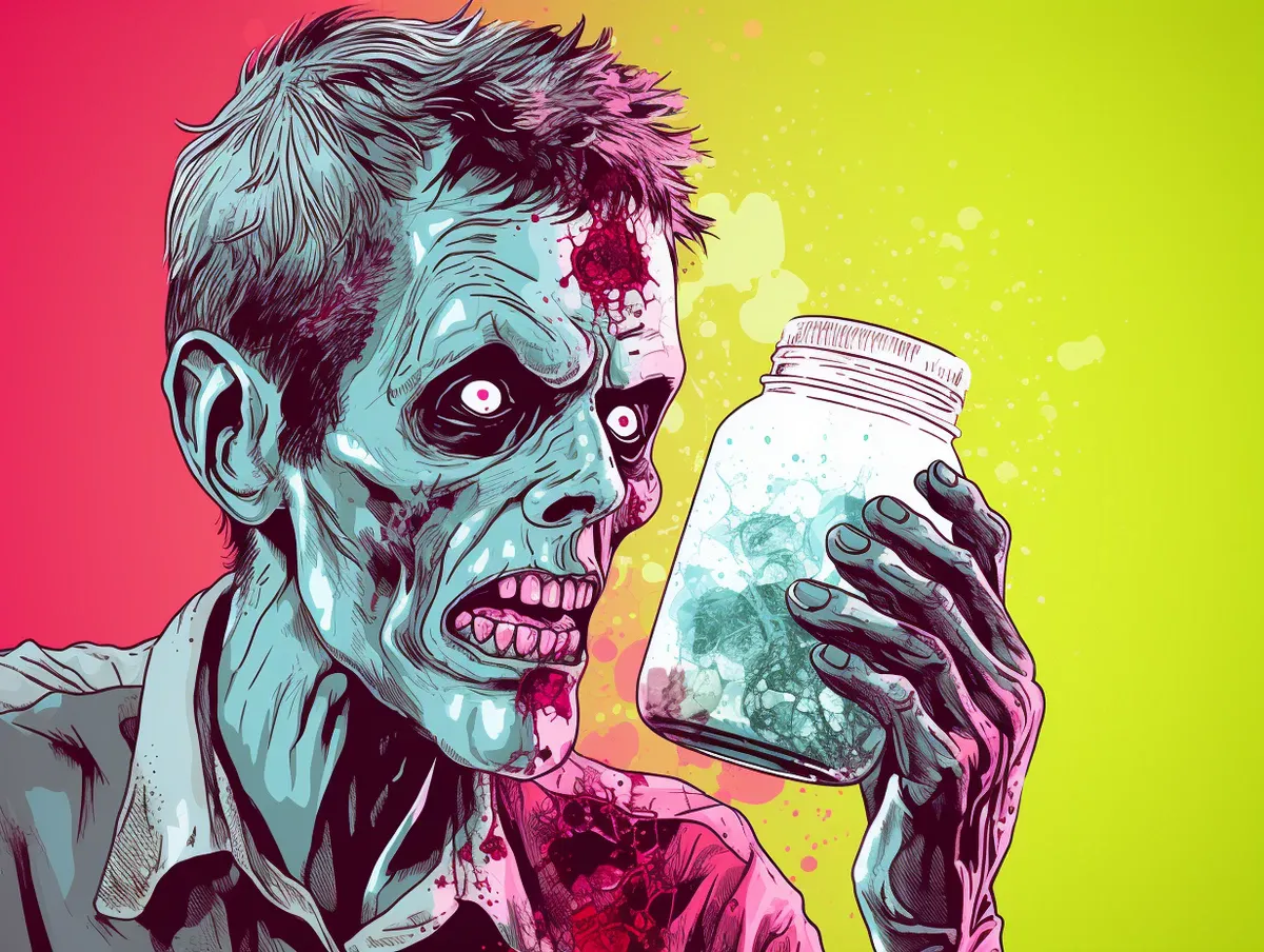 Zombie looking perplexed at a salt shaker