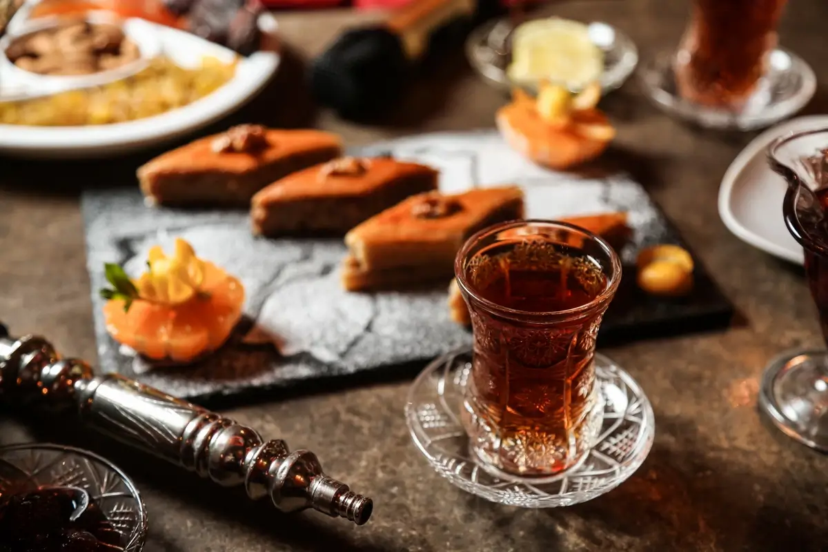 Armudu glasses filled with Azerbaijani tea