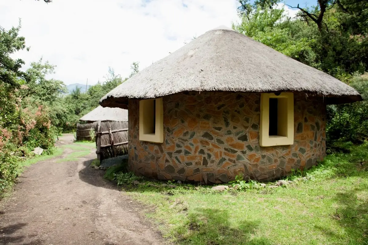 Lesotho village with traditional mokhoro huts