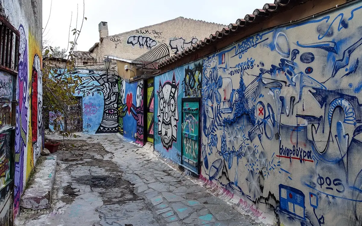 Graffiti-covered wall in Athens