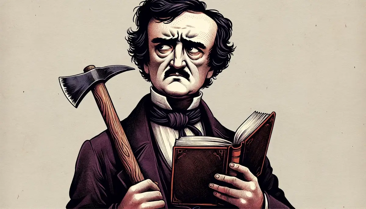 A caricature of Poe with a tomahawk