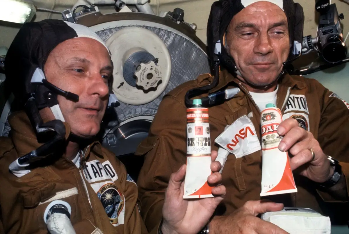 NASA astronauts toasting with "vodka" in space
