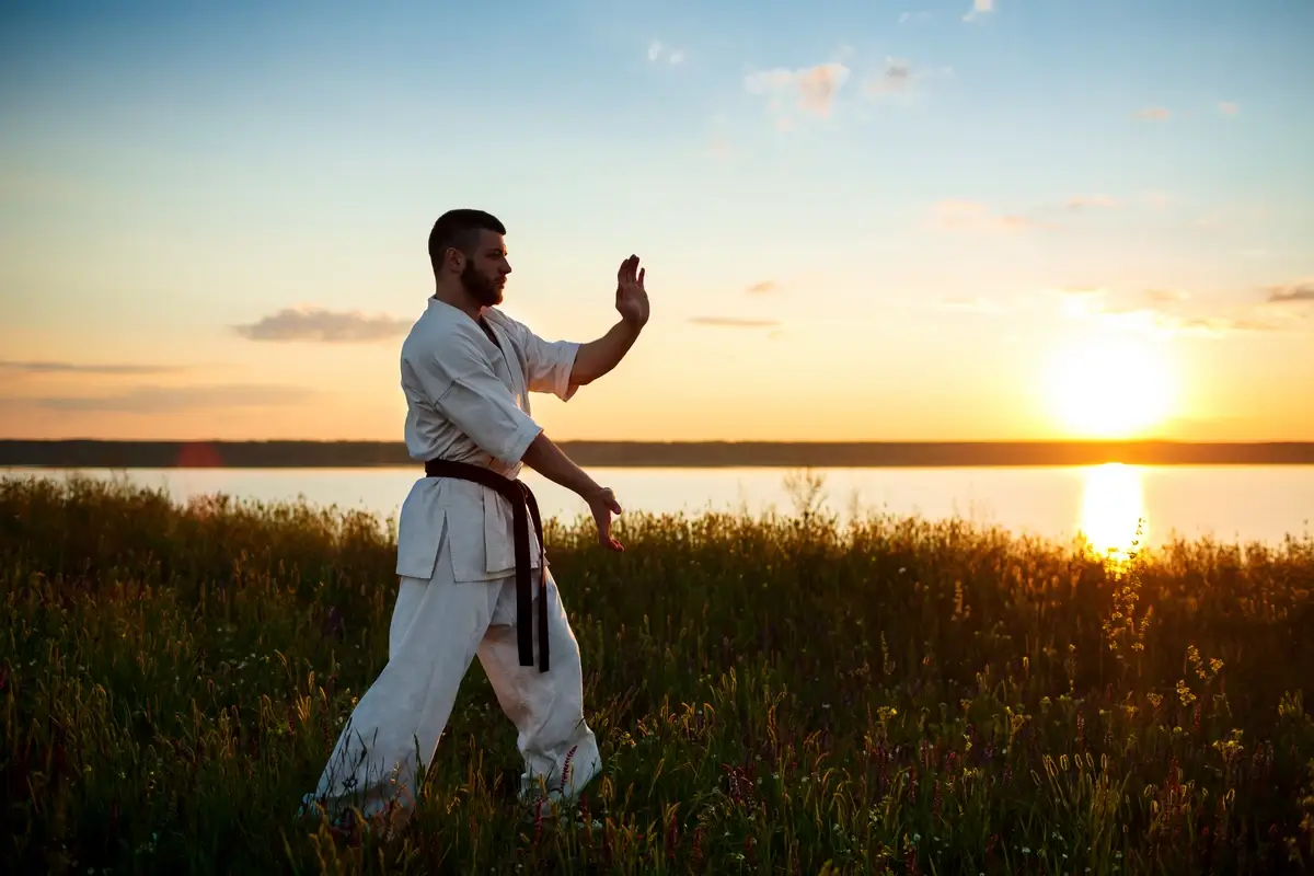 A karate fighter practicing on the shore of the lake