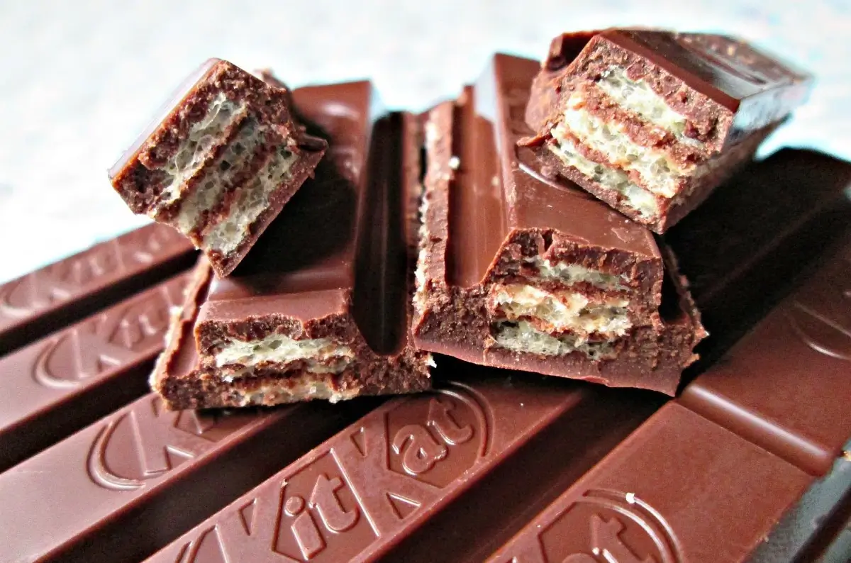 A macro shot of Kit Kat's layered wafer and chocolate