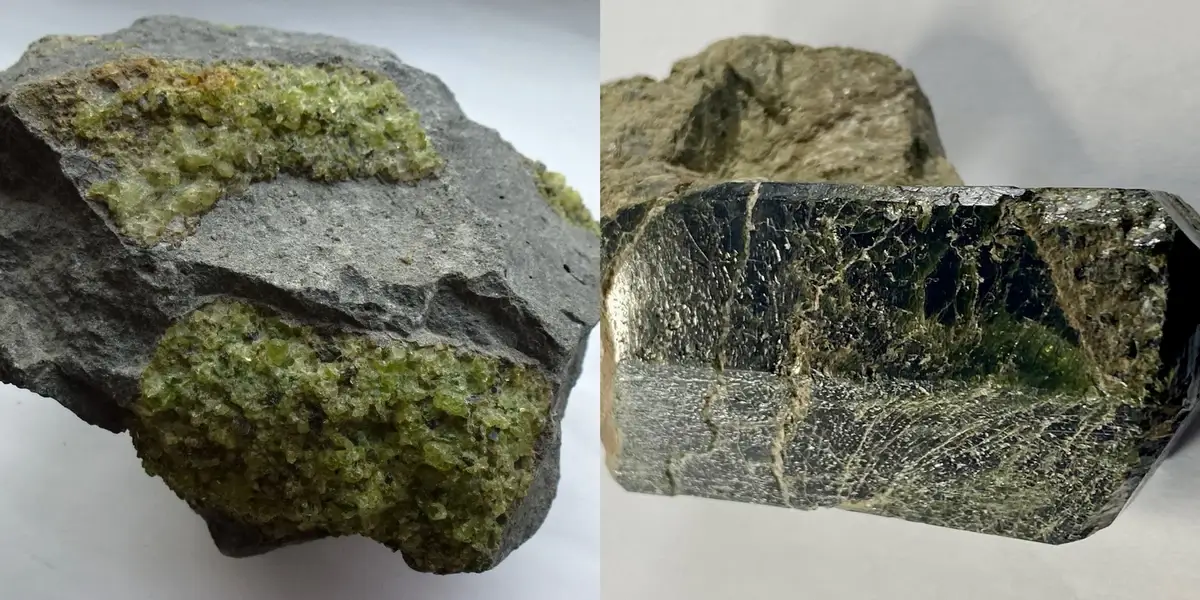 Samples of olivine and pyroxene, minerals found in the Earth's mantle
