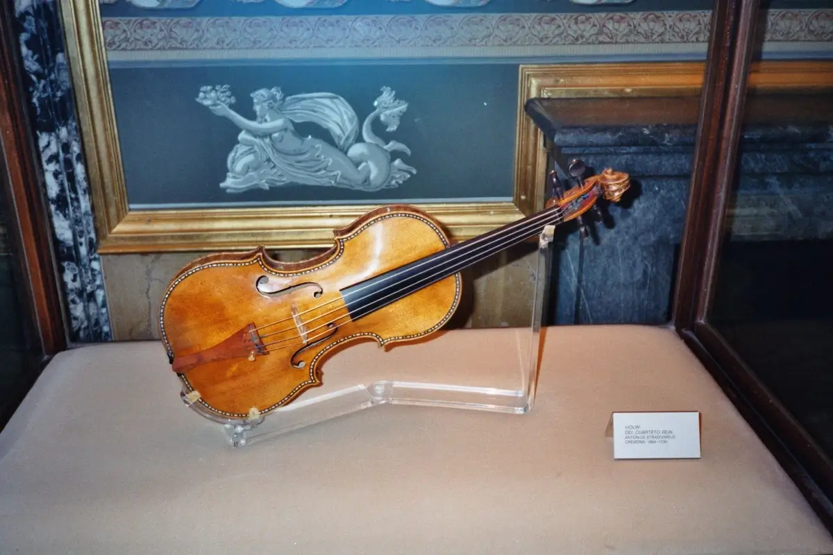A Stradivarius violin displayed in a museum setting