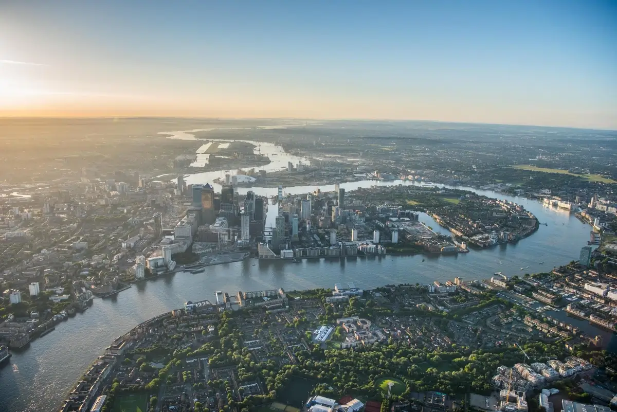 Aerial shot showing the River Thames