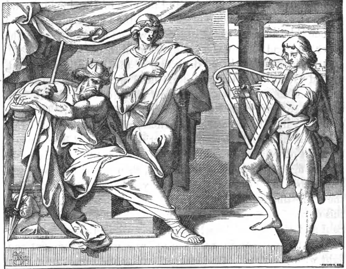 David plays the harp to King Saul