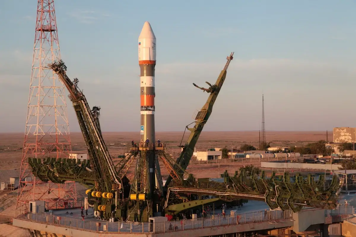 The rocket is preparing for launch at the Baikonur Cosmodrome
