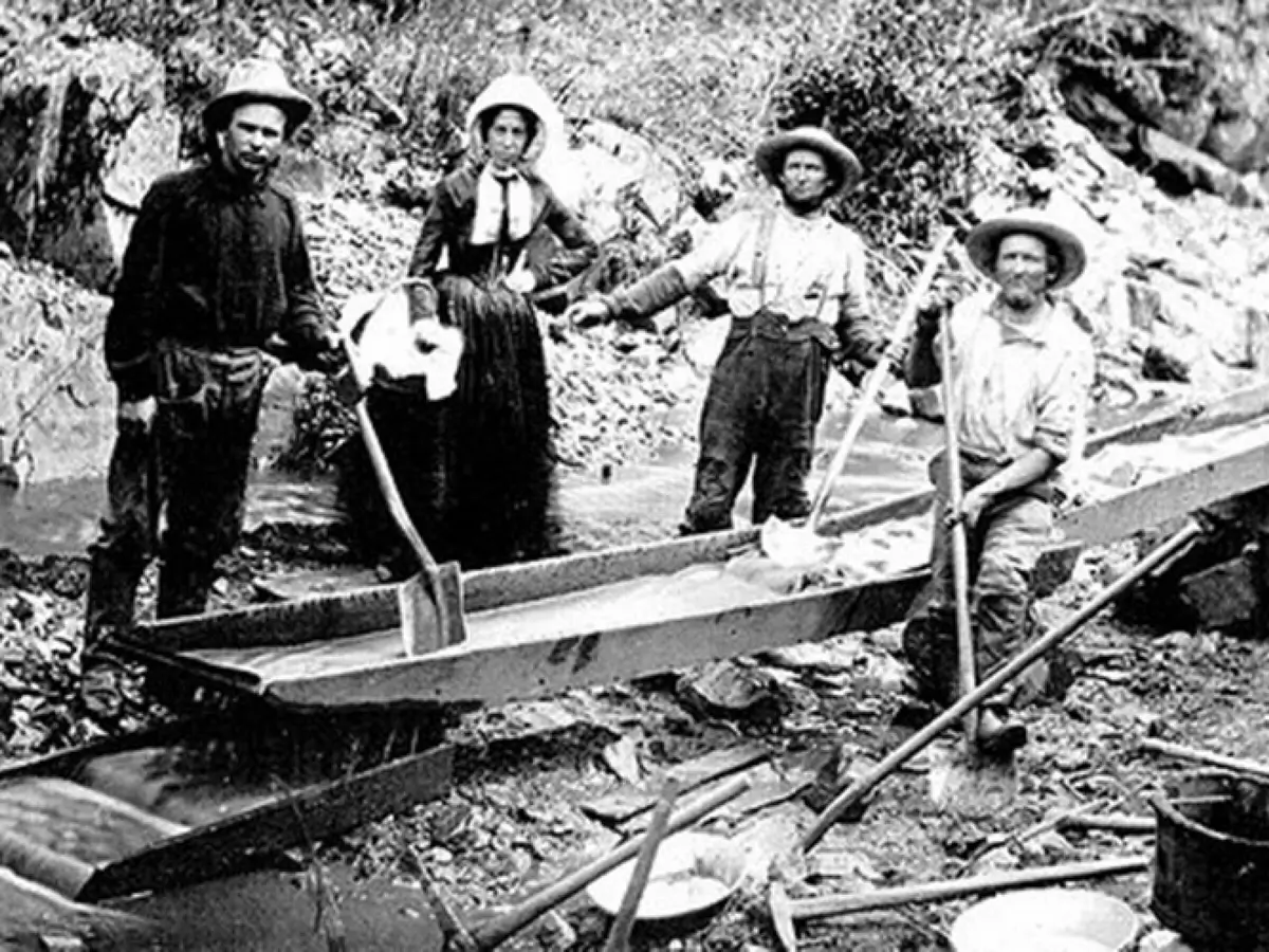Woman and three men in California Gold Rush, 1850