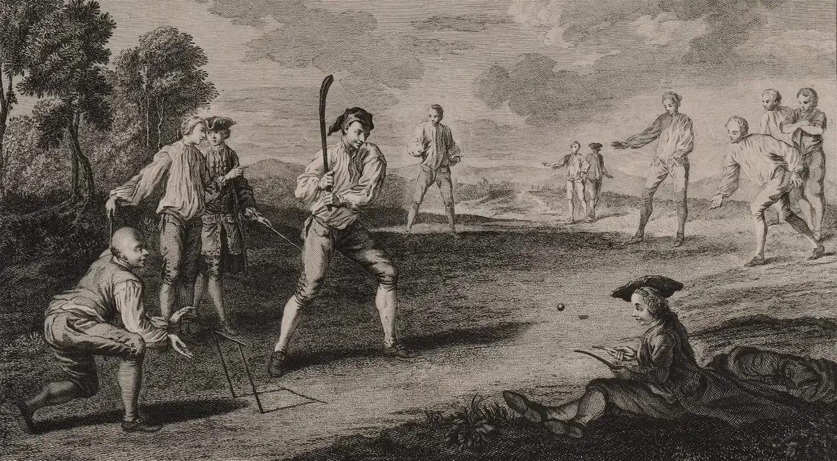 An illustration of early cricket being played in rural England