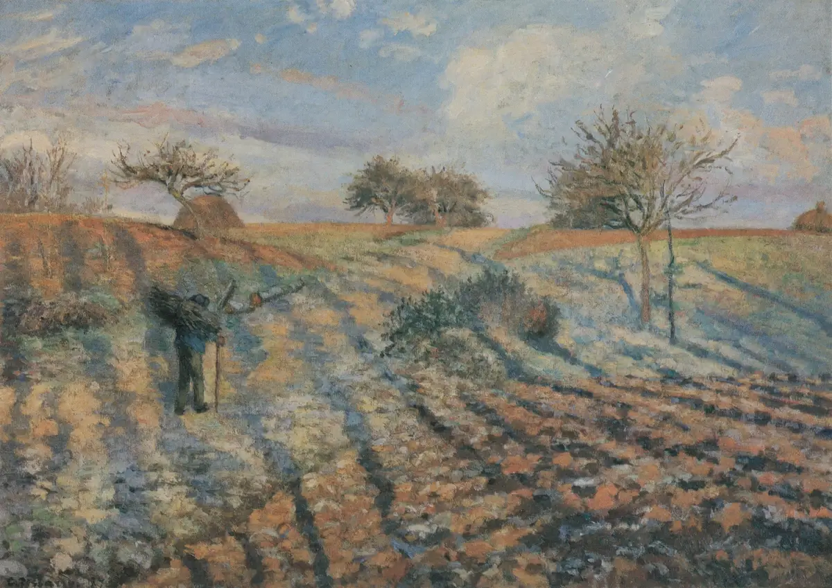 Camille Pissarro, "Hoar Frost, the Old Road to Ennery, Pontoise", 1873