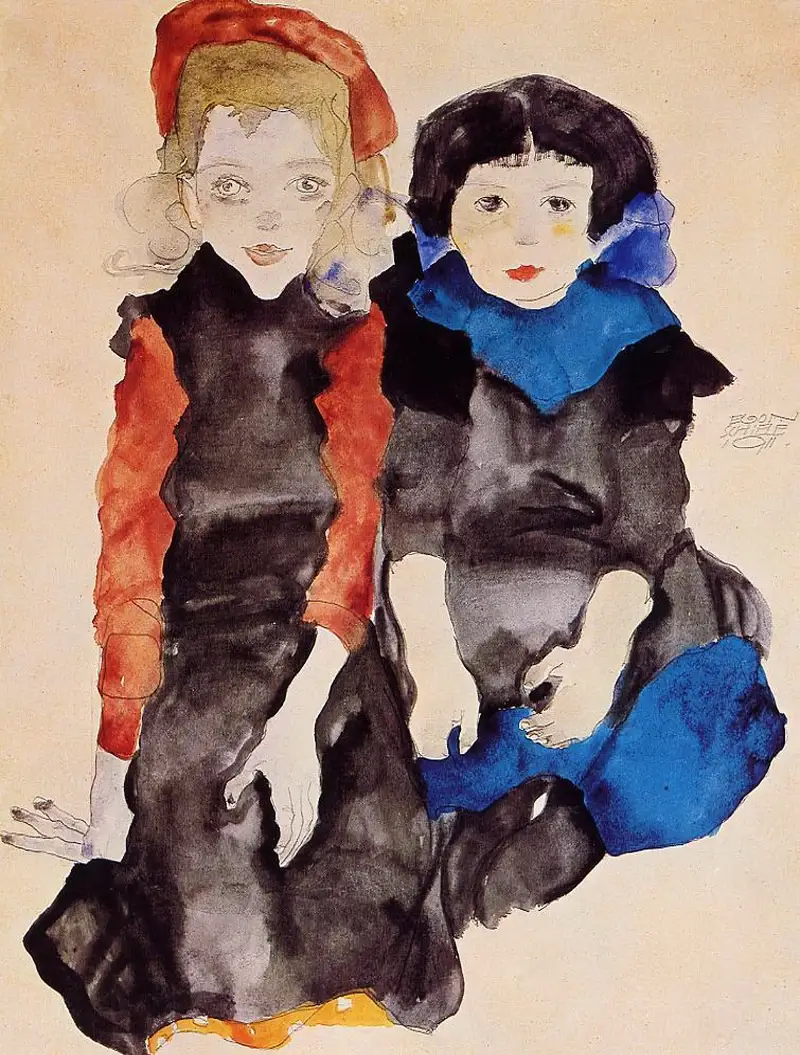 Egon Schiele, "Two Little Girls", (1911)