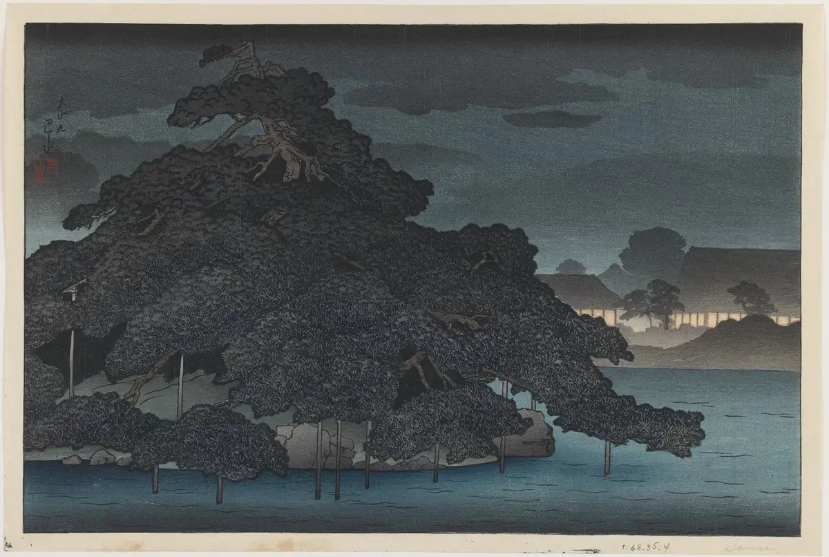 Hasui Kawase, "Evening Rain on the Pine Island, from an untitled series of views of Mitsubishi Villa in Fukagawa", 1920