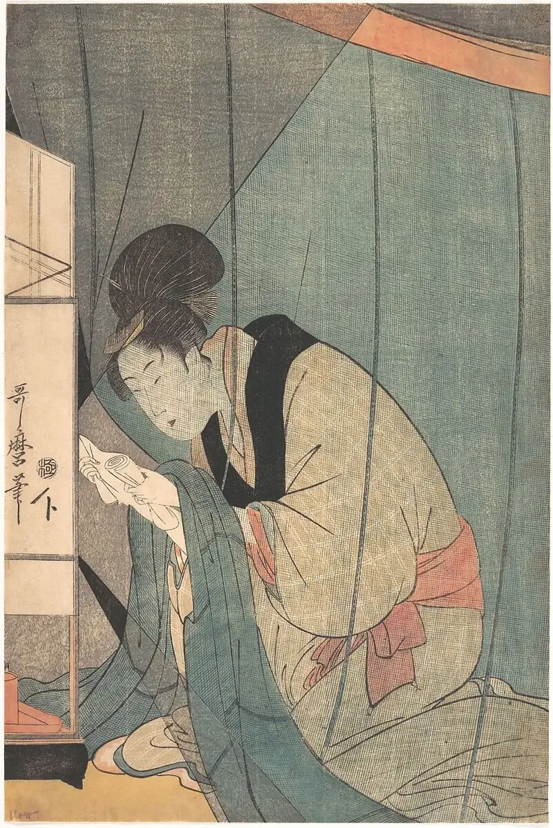 Kitagawa Utamaro, "Woman Reading a Letter under a Mosquito Net", 1798
