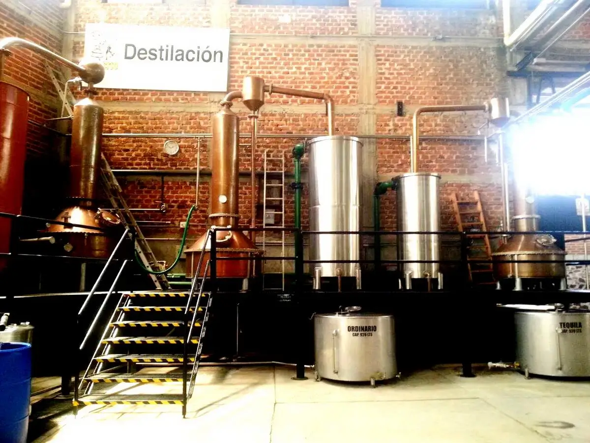 The distillation process in a tequila factory
