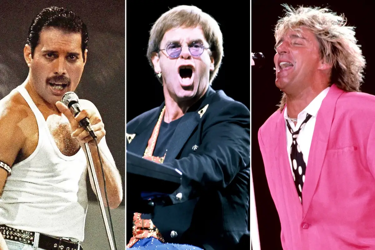 Freddie Mercury, Elton John, and Rod Stewart