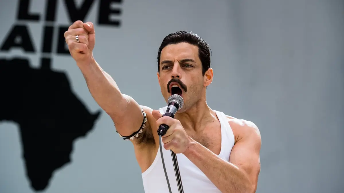 Rami Malek in character as Freddie Mercury