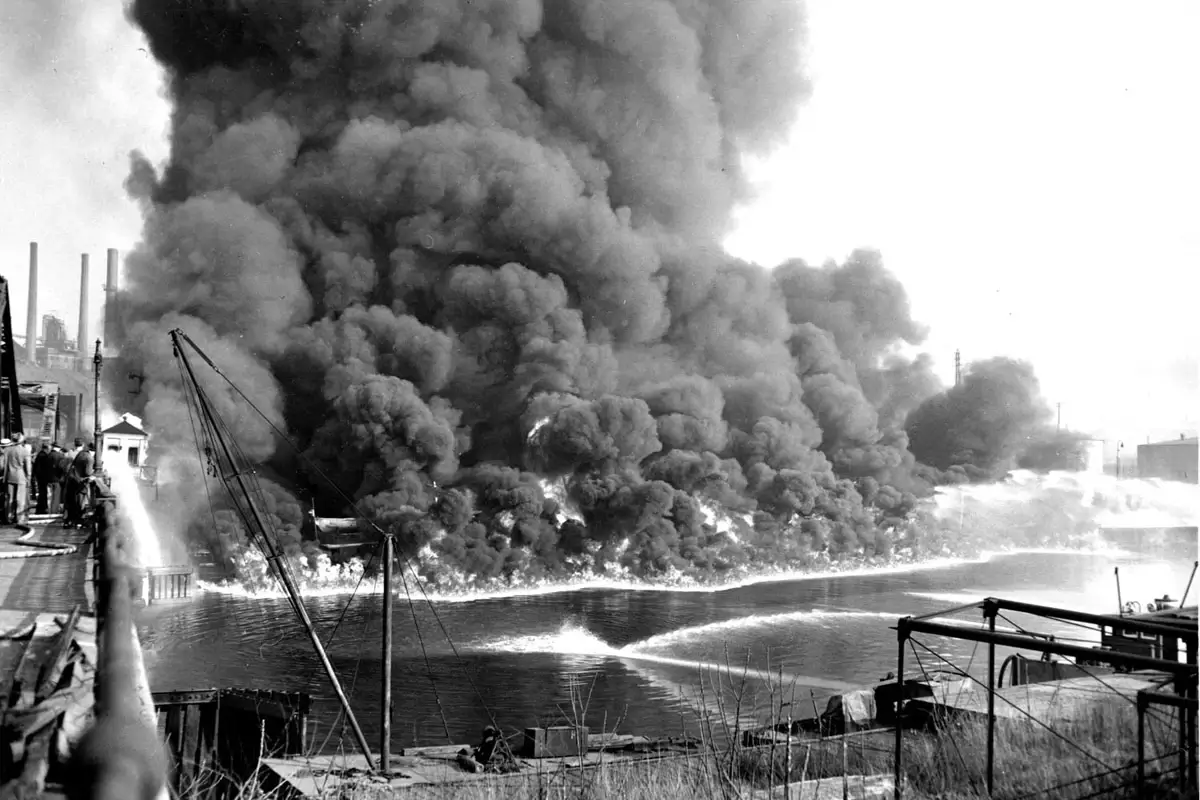 Historic image of the Cuyahoga River on fire