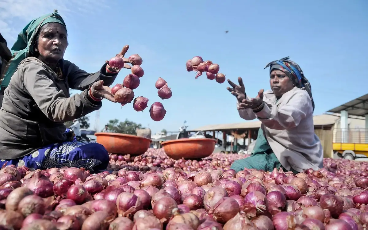 Women in India sort onions