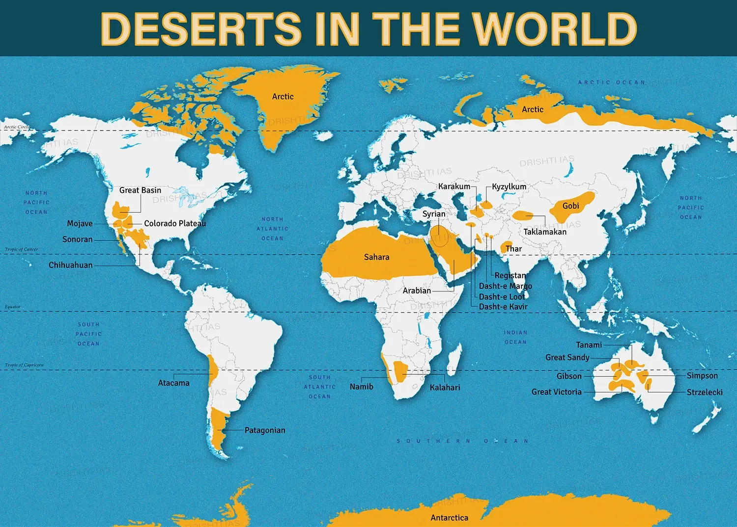 A global map highlighting the distribution of Earth's deserts